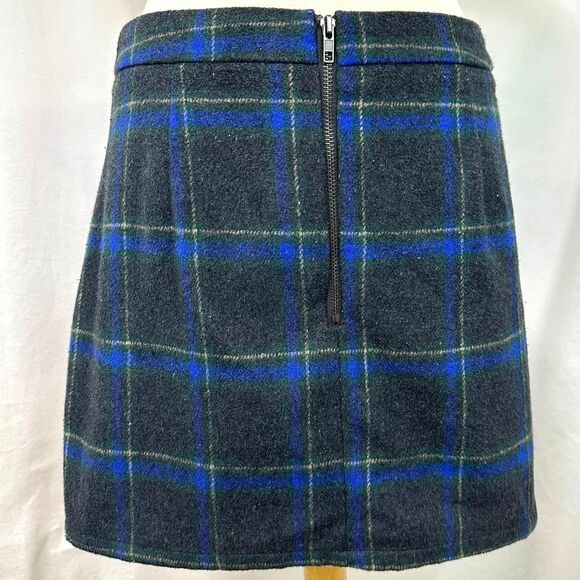 Dee Dee Wool Gray Blue Plaid Mini Skirt Pockets Side Slit Womens L Preppy Grunge - Picture 5 of 8